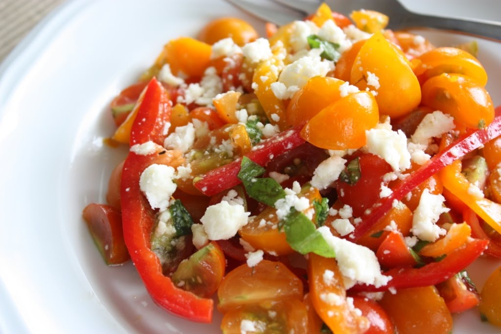 A simple summer salad recipe with garden tomatoes and peppers.