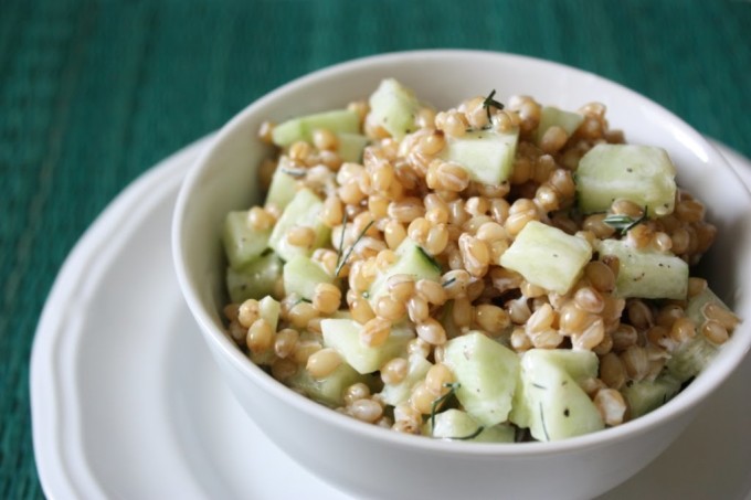 Cucumber Dill Wheat Berry Salad | Fake Food Free | A hearty cold grain salad with a tangy yogurt dressing and refreshing cucumber. 