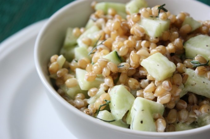 Cucumber Dill Wheat Berry Salad | Fake Food Free | A hearty cold grain salad with a tangy yogurt dressing and refreshing cucumber. 