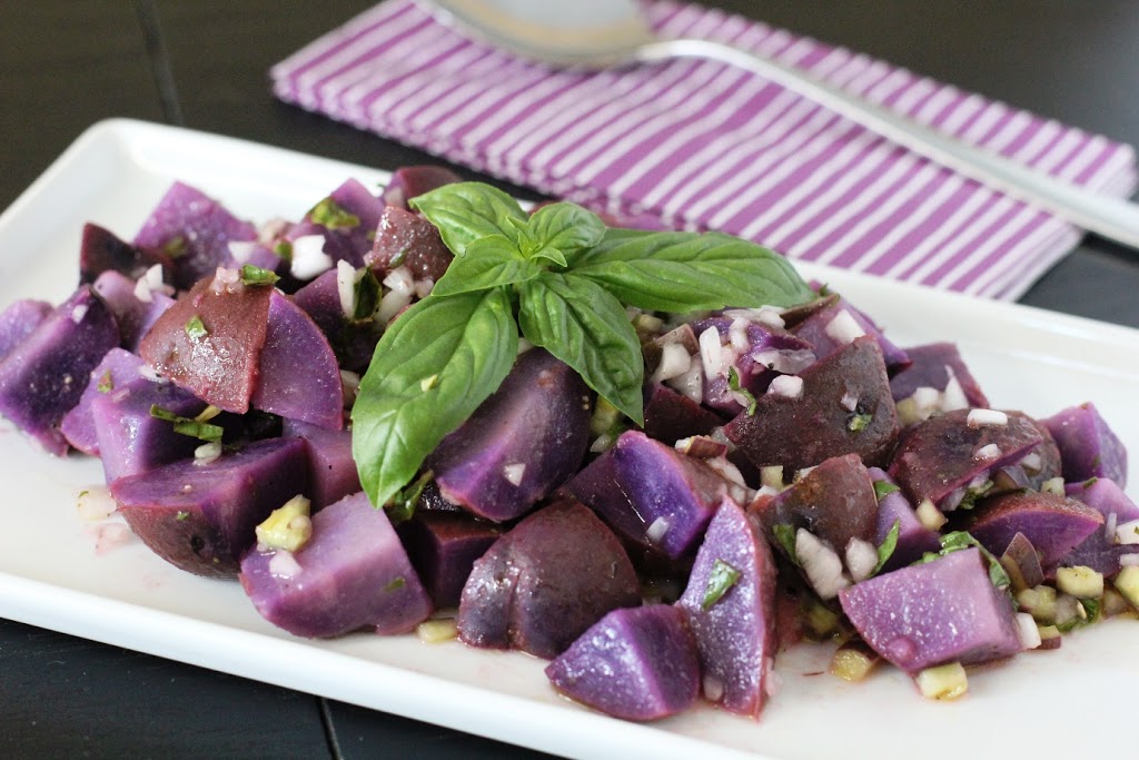 Blue Potato Salad with Lemon Basil Vinaigrette Recipe. A great summer side dish.