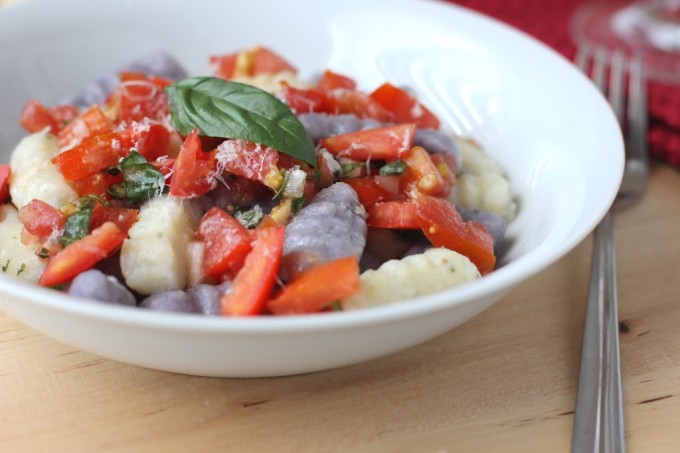 Blue and White Potato Gnocchi with Fresh Red Tomato Sauce Recipe | Fake Food Free