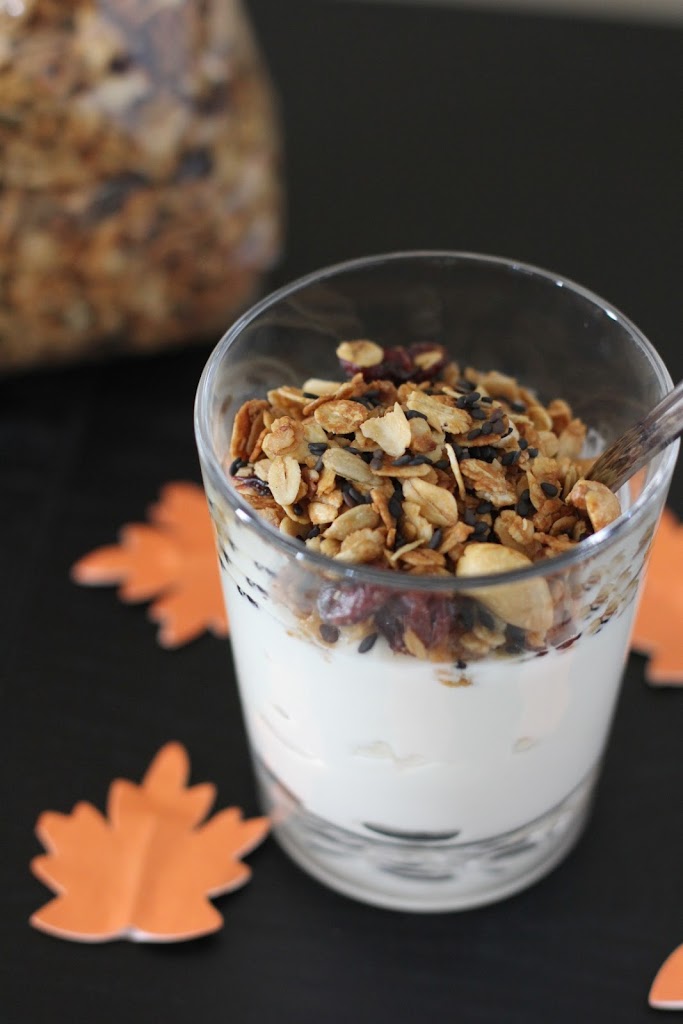 Black Sesame Granola Recipe made with dried fruit, nuts and tahini | FakeFoodFree.com #granolarecipes #healthyrecipes #healthyeating #breakfast