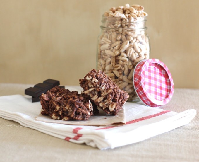 Chewy Chocolate-Tahini Puffed-Grain Squares | Fake Food Free | A whole grain chocolate snack! 