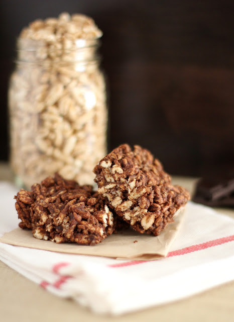 Chewy Chocolate-Tahini Puffed-Grain Squares | Fake Food Free | A whole grain chocolate snack!