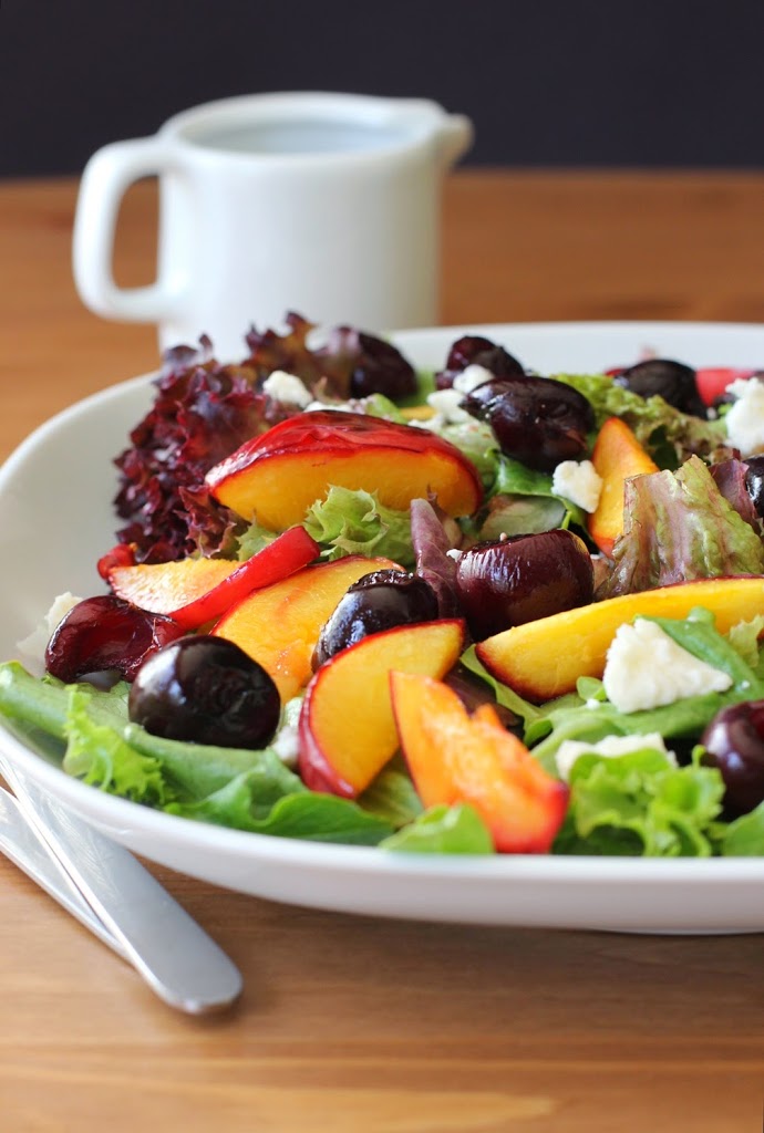 Favorite Nectarine Recipes! Roasted Cherry and Nectarine Salad with Honey-Walnut Dressing | FakeFoodFree.com