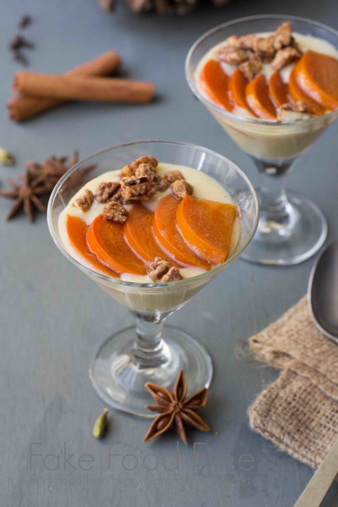 Bourbon Poached Persimmon with Vanilla Custard | Fake Food Free