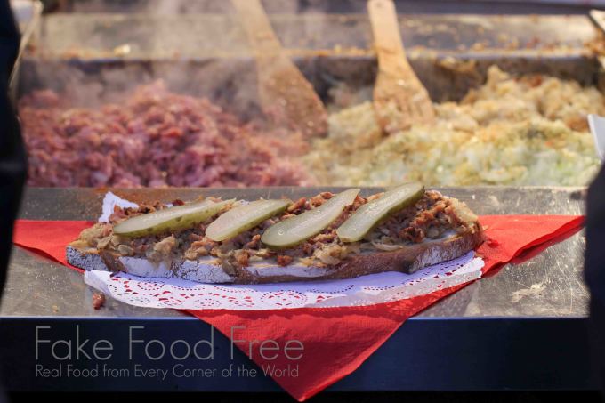 Country Bread with lard and toppings at the Krakow Christmas Market | Fake Food Free