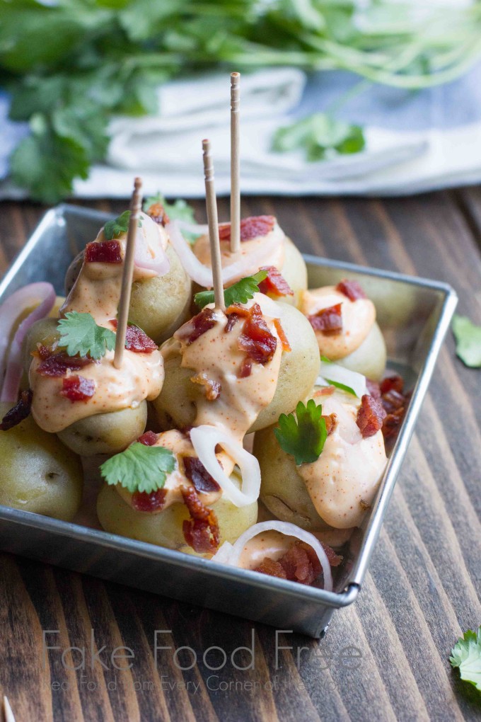 Baby Dutch Yellow Potatoes with Smoky Sauce, Pickled Shallots and Bacon | Fake Food Free