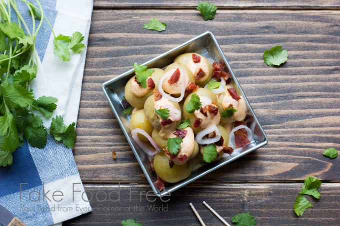 Baby Dutch Yellow Potatoes with Smoky Sauce, Pickled Shallots and Bacon | Fake Food Free