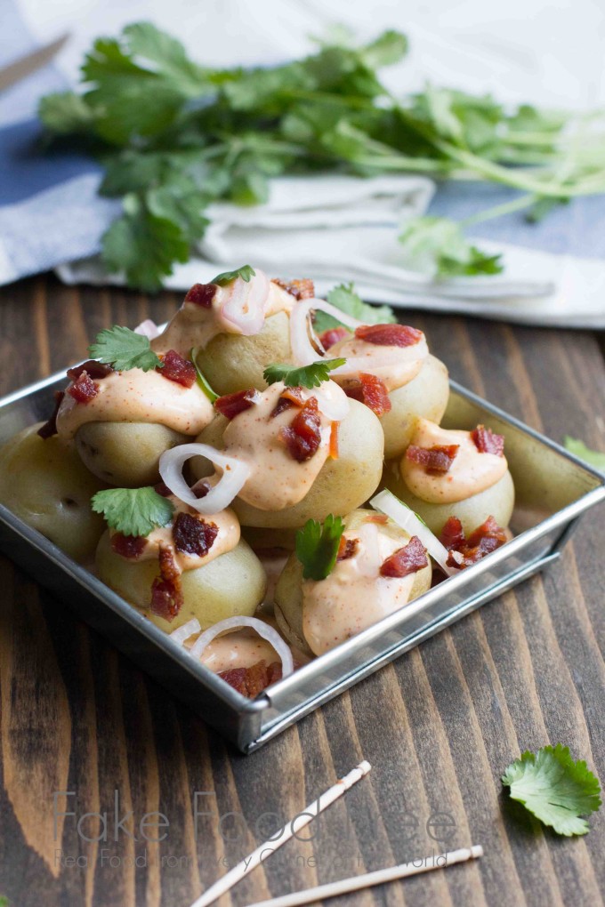Baby Dutch Yellow Potatoes with Smoky Sauce, Pickled Shallots and Bacon | Fake Food Free