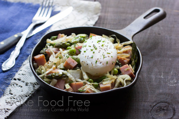 Skillet Spring Vegetables with Ham and Poached Eggs | Fake Food Free