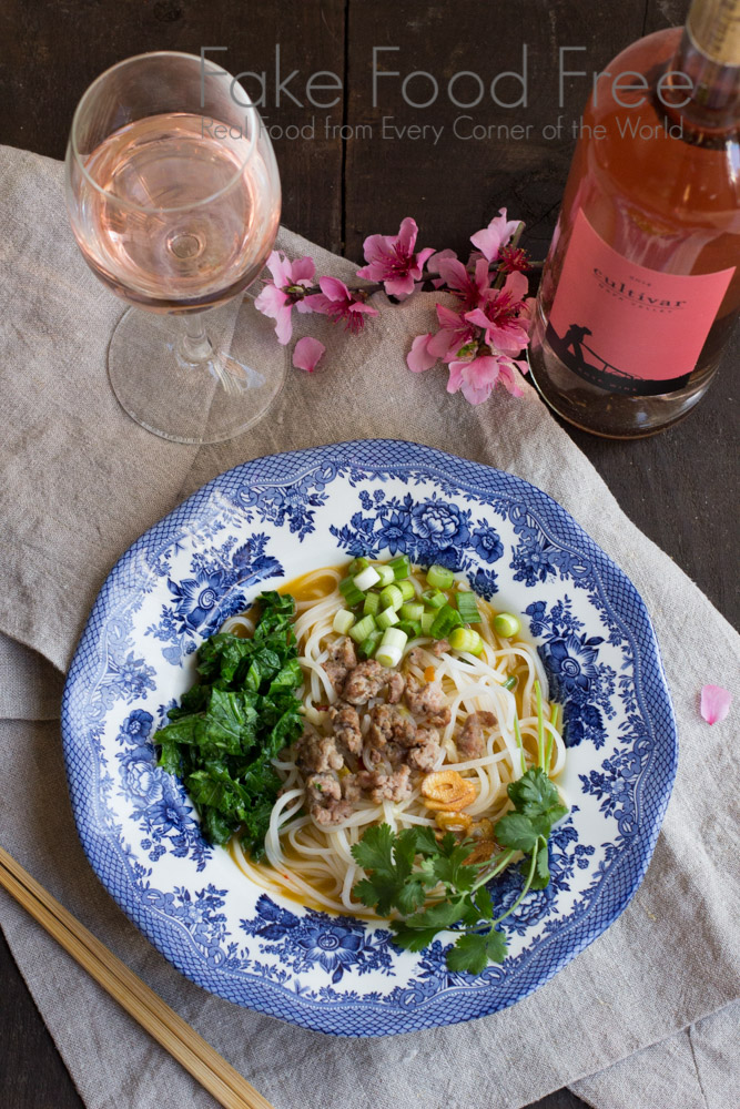 Spicy Noodle Bowl with Sausage and Greens paired with 2014 Cultivar Rose| Fake Food Free