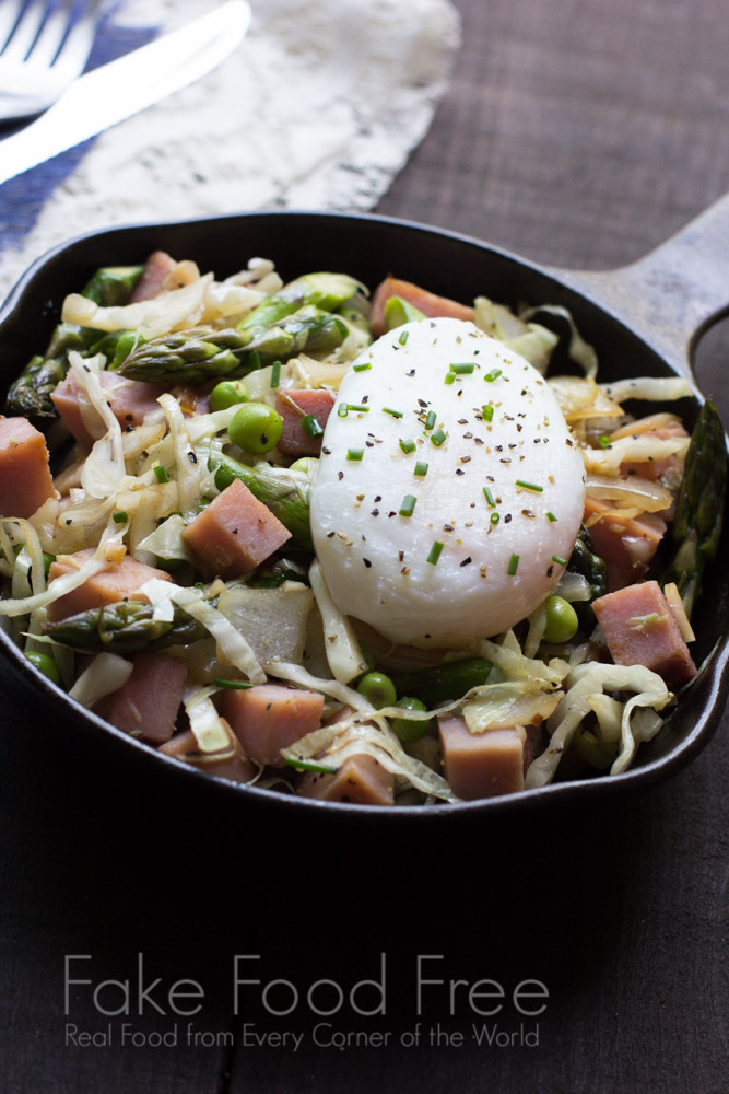 Skillet Spring Vegetables with Ham and Poached Eggs | Fake Food Free