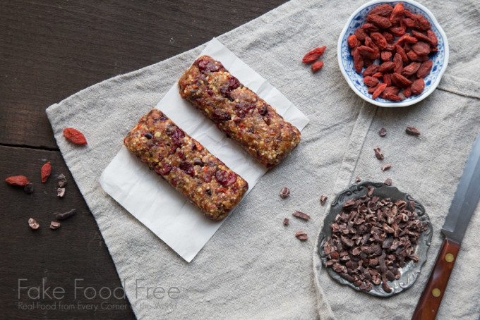Chocolate Cherry Goji Bars from Superfood Snacks by Julie Morris | Fake Food Free