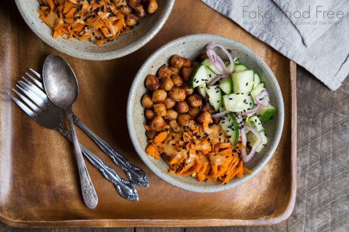 Chickpea Bowls with Ginger Cucumbers and Spicy Peanut Sauce Recipe | Fake Food Free