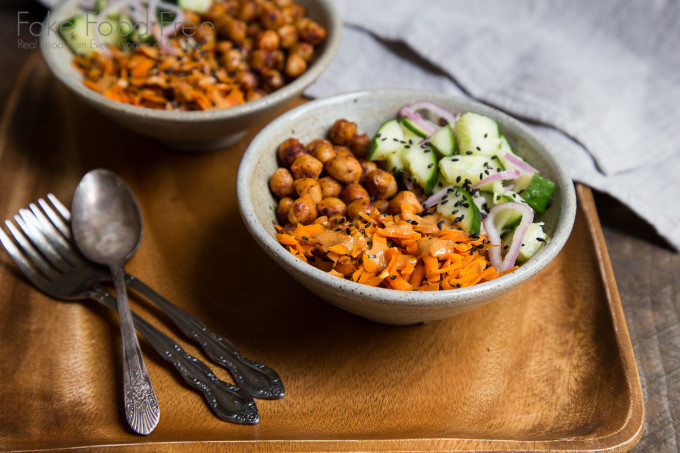 Chickpea Bowls with Ginger Cucumbers and Spicy Peanut Sauce Recipe | Fake Food Free