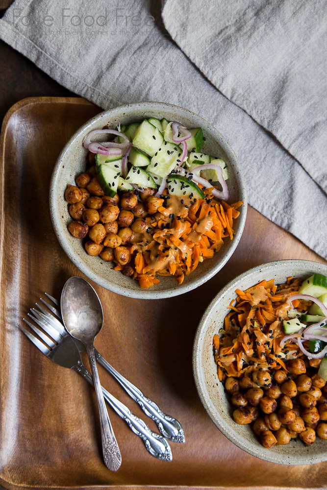 Chickpea Bowls with Ginger Cucumbers and Spicy Peanut Sauce Recipe | Fake Food Free