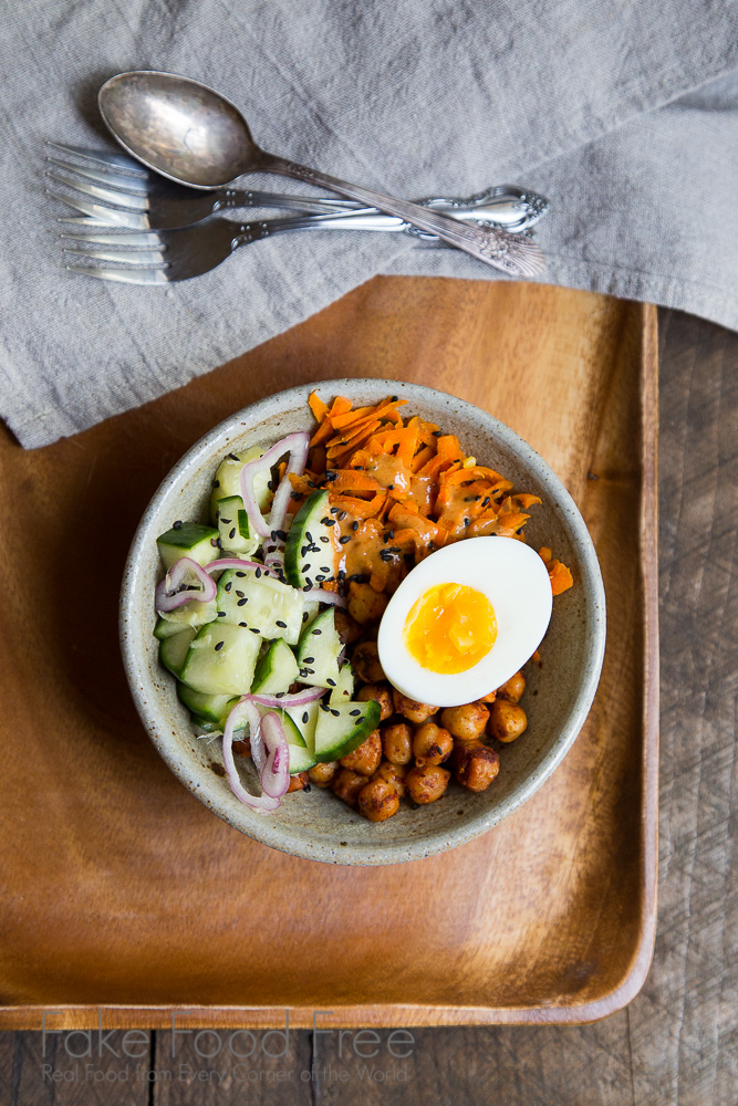 Chickpea Bowls with Ginger Cucumbers and Spicy Peanut Sauce Recipe | Fake Food Free