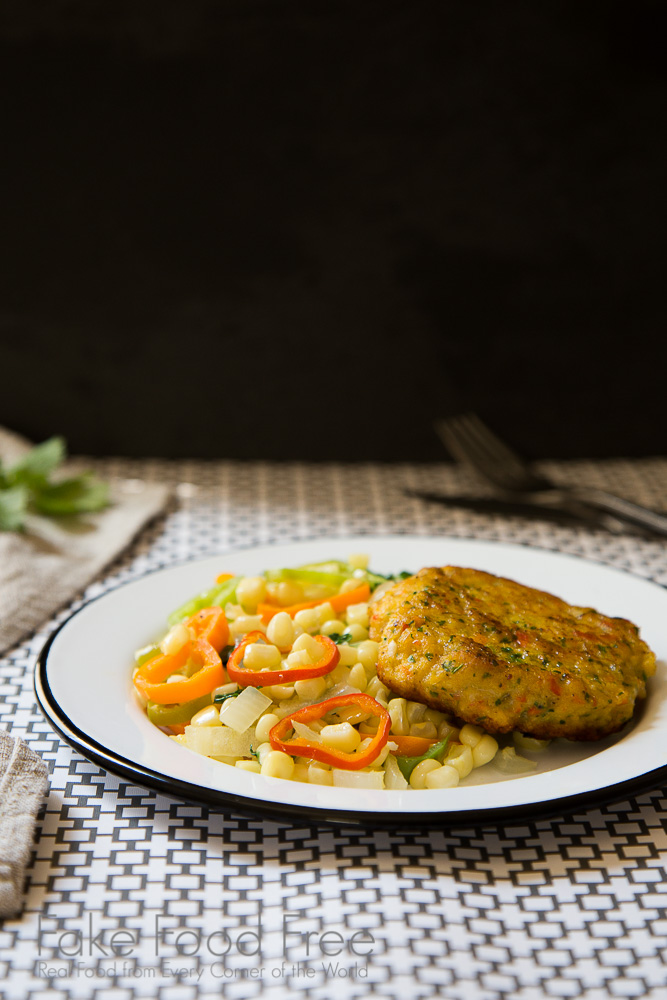 Fish Burgers with Skillet Corn and Sweet Peppers | Fake Food Free