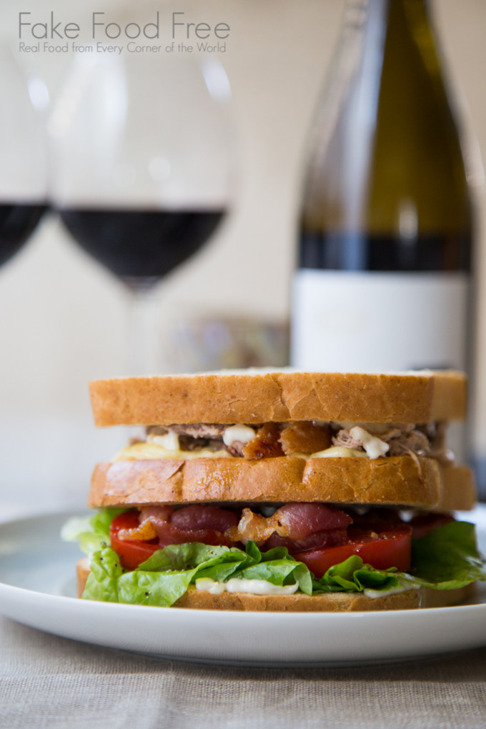 Club Sandwich with Duck Breast, Cambozola, Applewood Smoked Bacon and Roasted Garlic | Paired with The Hess Collection Small Block Series 2012 Napa Valley Syrah | Fake Food Free | #sponsored