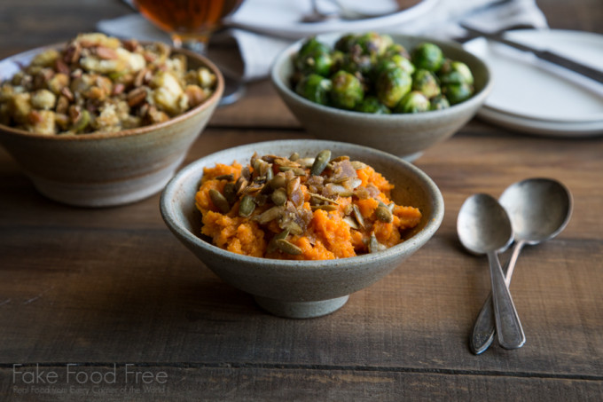 Brussels Sprouts in Parmesan Garlic Butter and Smoky Maple Sweet Potatoes with Cinnamon Sugared Pepitas | Thanksgiving Cooking for Two | Fake Food Free