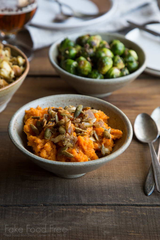 Brussels Sprouts in Parmesan Garlic Butter and Smoky Maple Sweet Potatoes with Cinnamon Sugared Pepitas | Thanksgiving Cooking for Two | Fake Food Free