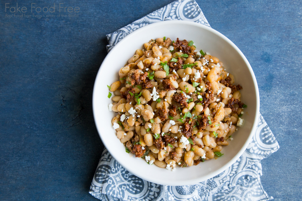 In this recipe, Peruano beans are baked until tender and then combined with spicy chorizo. | Fake Food Free