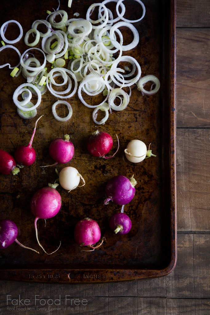 Roasted onion and Easter radishes for black lentil and barley bowls | Fake Food Free