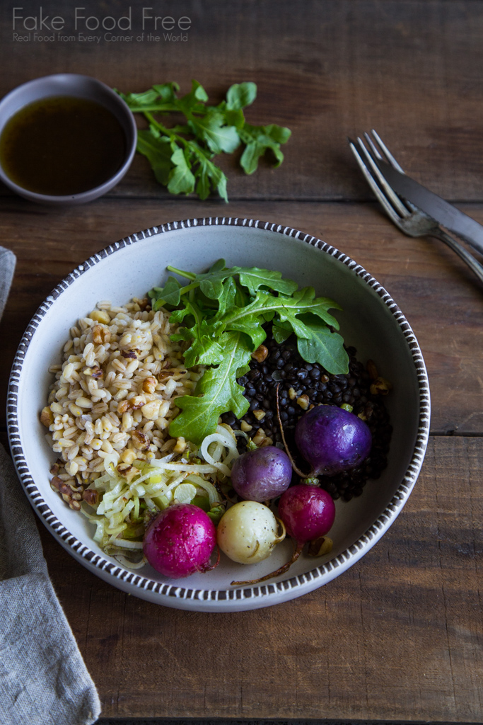 A delicious bowl of black lentils, barley, arugula and roasted Easter radishes | Fake Food Free