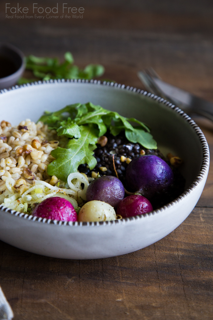 Black Lentil and Barley Bowl with Roasted Radishes and Arugula | Fake Food Free