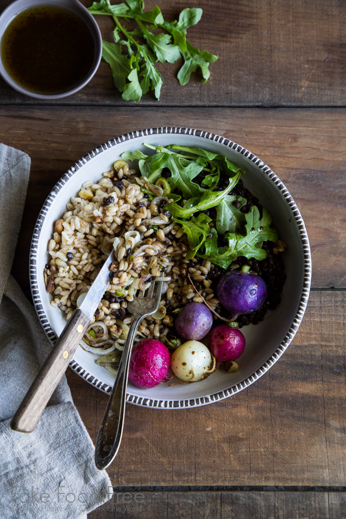 Black lentils and barley bowl tossed with arugula and a balsamic vinaigrette | Fake Food Free