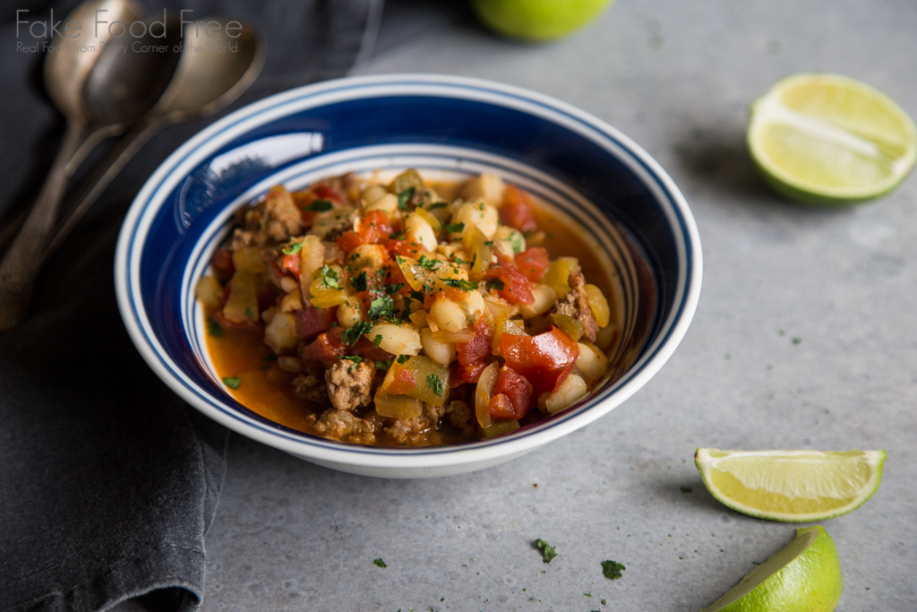 Pozole soup with ground pork and hominy