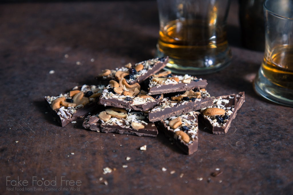 Dark Chocolate Bark with Cashews, Coconuts and Currants | Fake Food Free