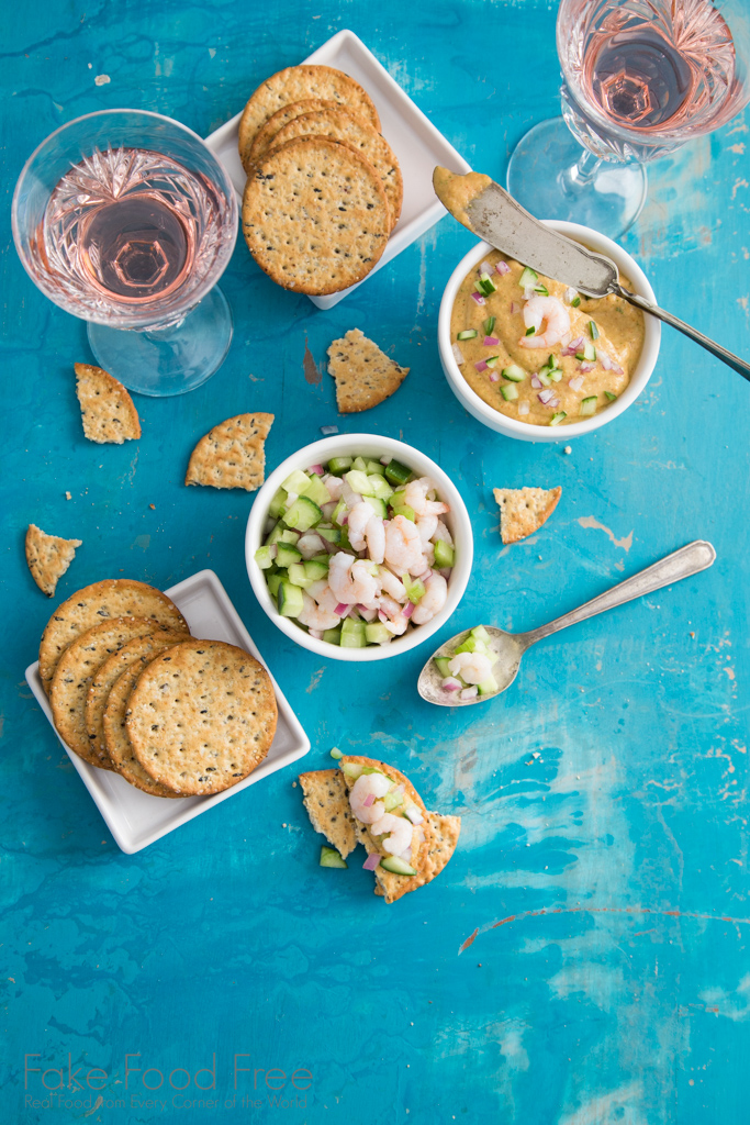 Smoky Chipotle Shrimp Dip topped with Shrimp Cucumber Salad | Recipe | Fake Food Free #cultivarwinebloggers #partner