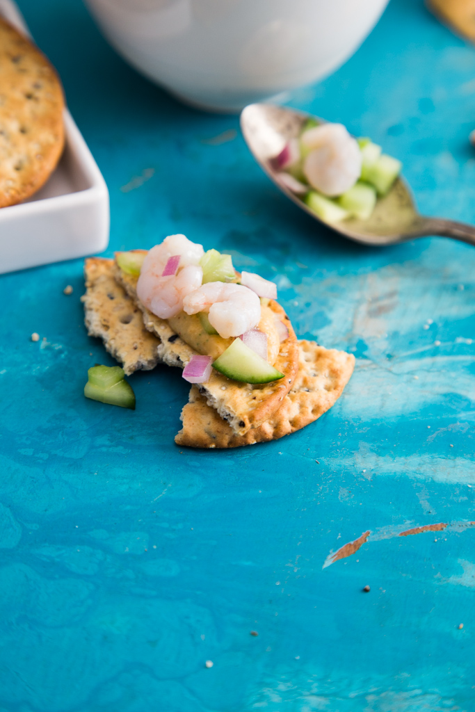 Shrimp Cucumber Salad served over Smoky Shrimp Dip | Recipe | Fake Food Free #cultivarwinebloggers #partner