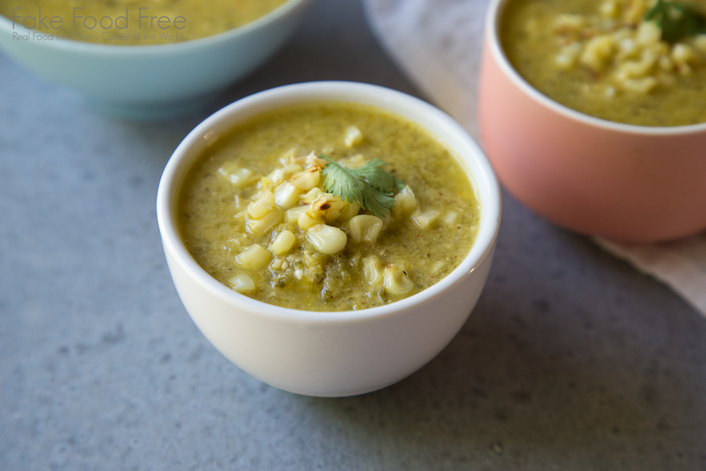 Chilled Tomatillo Soup with Sweet Corn Recipe | Fake Food Free