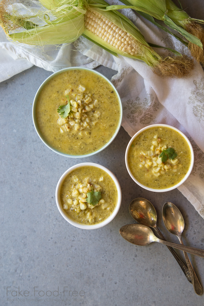 Tomatillo soup with poblano peppers and sweet corn, served chilled. | Summer Recipes | Fake Food Free