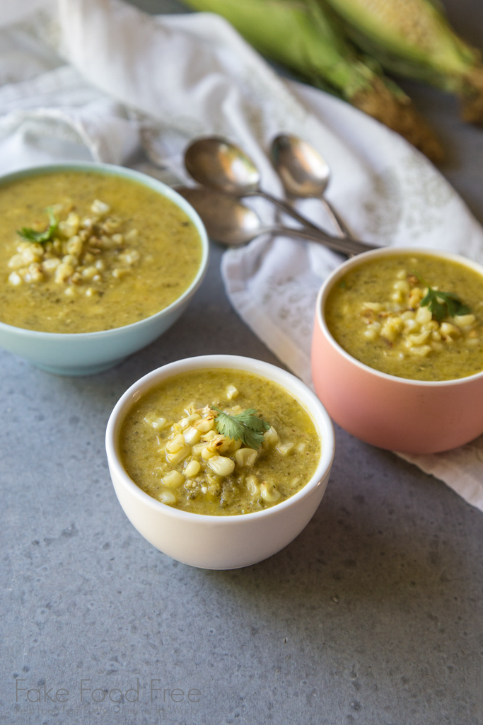 Chilled Poblano and Tomatillo Soup with Sweet Corn Recipe | Fake Food Free