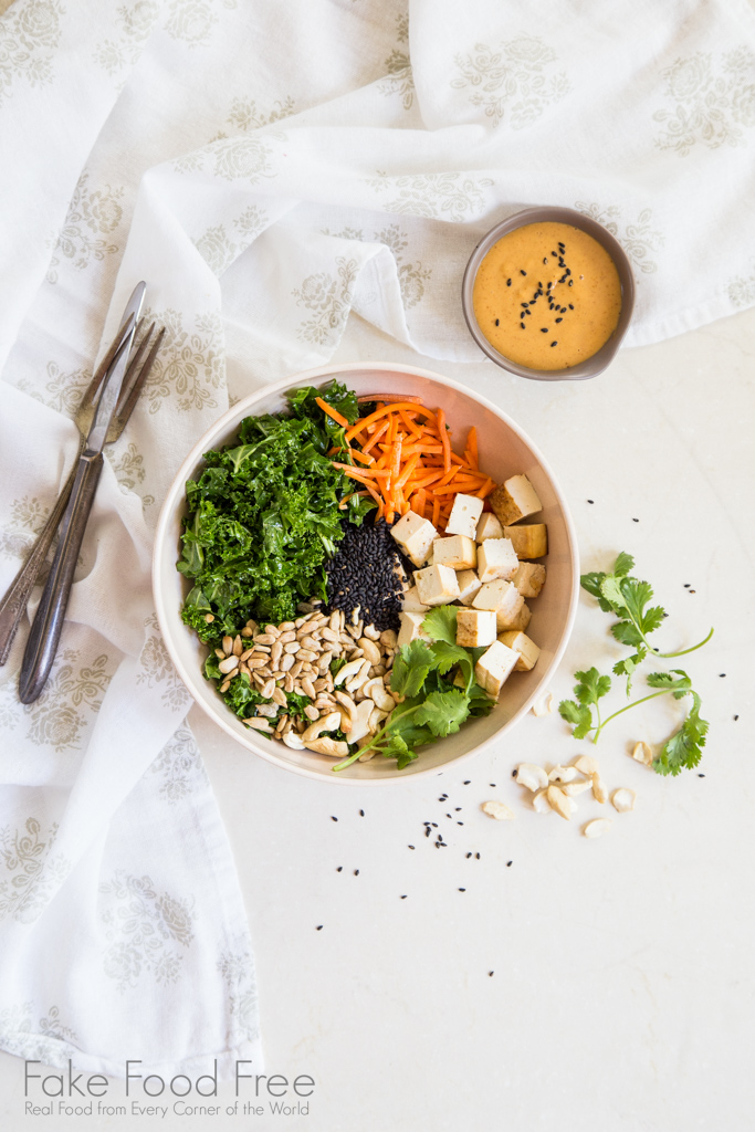 Baked Tofu Bowl with Kale and Peanut Dressing Recipe | Fake Food Free 