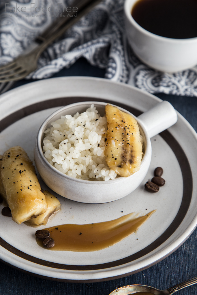 Sweet Rice with Banana and a Caramel-Coffee Sauce | Dessert Recipe | Fake Food Free