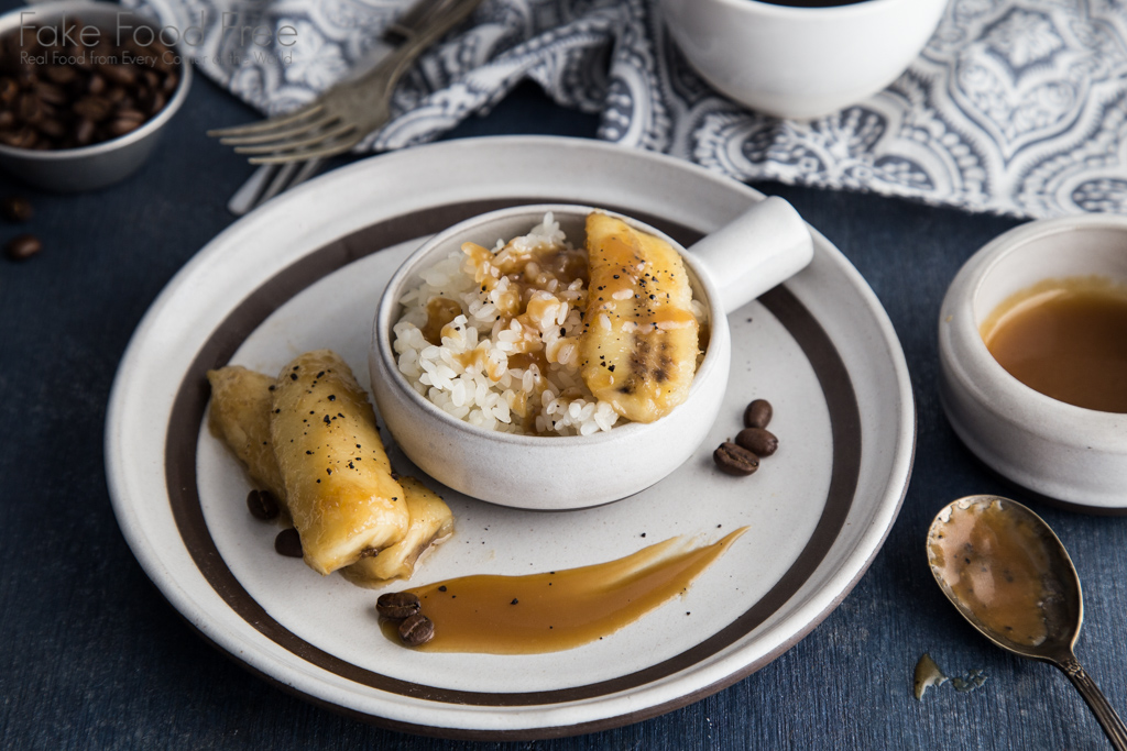 Banana Sweet Rice with Caramel Coffee Sauce Dessert Recipe | Fake Food Free