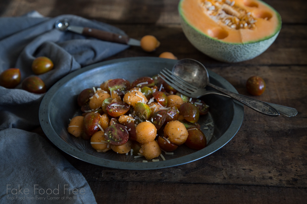 Cantaloupe and Cherry Tomato Salad with Olive Oil and Black Pepper Recipe | Fake Food Free