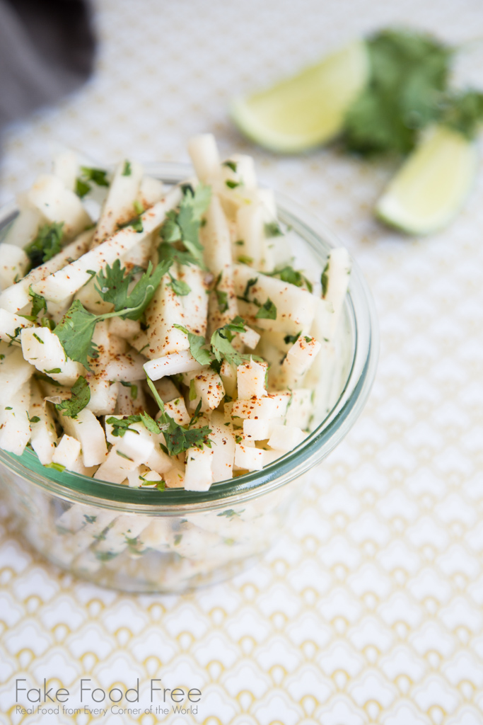 A simple cilantro jicama salad recipe with fresh lime juice and chipotle chili powder! | Fake Food Free