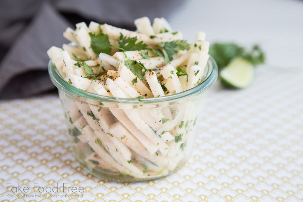 A simple jicama salad recipe that is perfect as a side dish or as a topping for tacos! | Fake Food Free