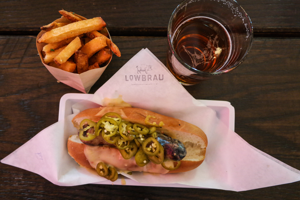 Brat and Duck Fat Fries, LowBrau, Sacramento | Food and Drink Travel | Fake Food Free