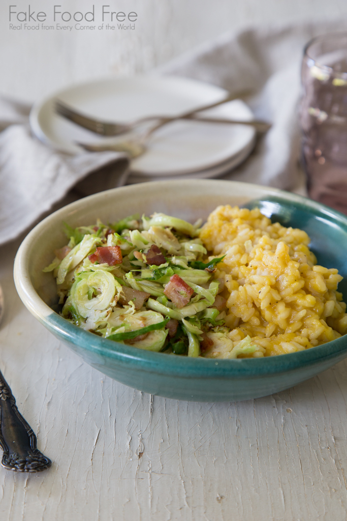 Acorn Squash Risotto and Brussels Sprouts with Bacon Recipe | Fake Food Free