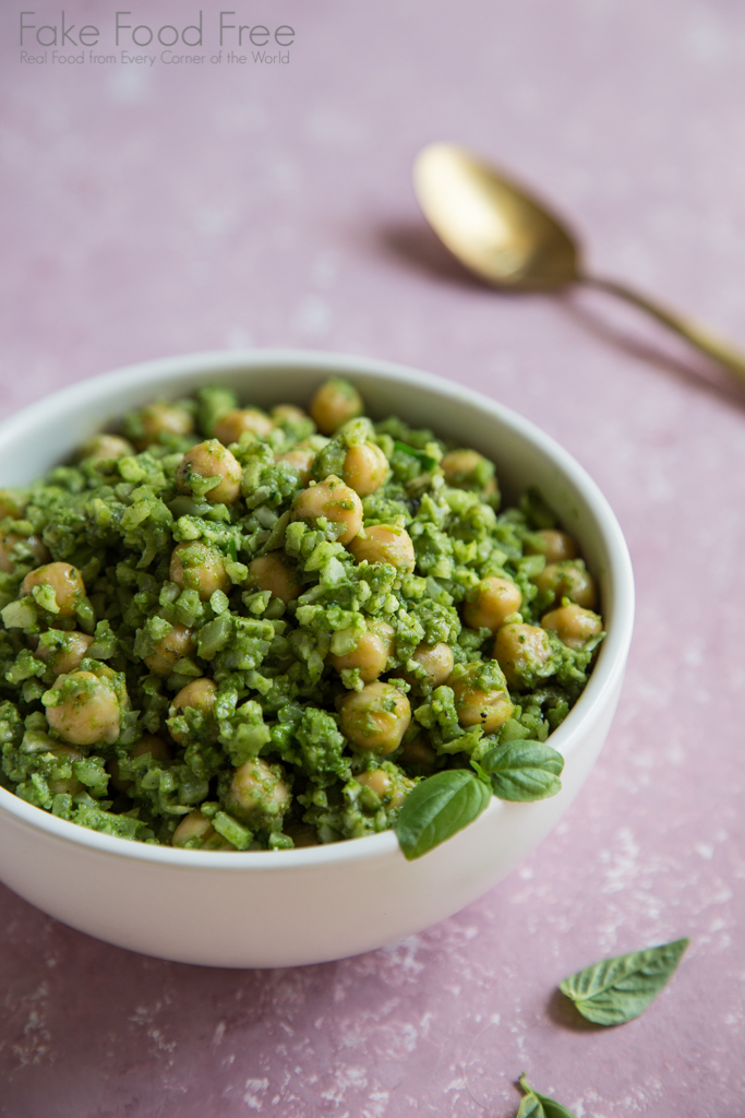 Cauliflower Rice with Basil-Spinach Pesto and Chickpeas Recipe | Vegan and Gluten Free | Fake Food Free