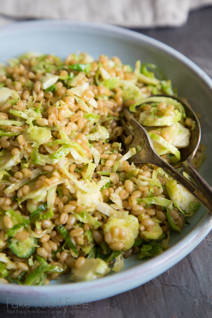 Shredded Brussels Sprouts and Wheat Berry Salad with Tahini Dressing | Fake Food Free