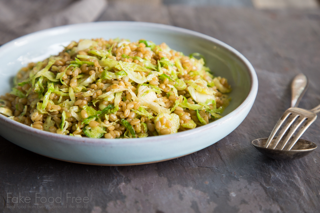 Shredded Brussels Sprouts and Wheat Berry Salad with Tahini Dressing | Fake Food Free