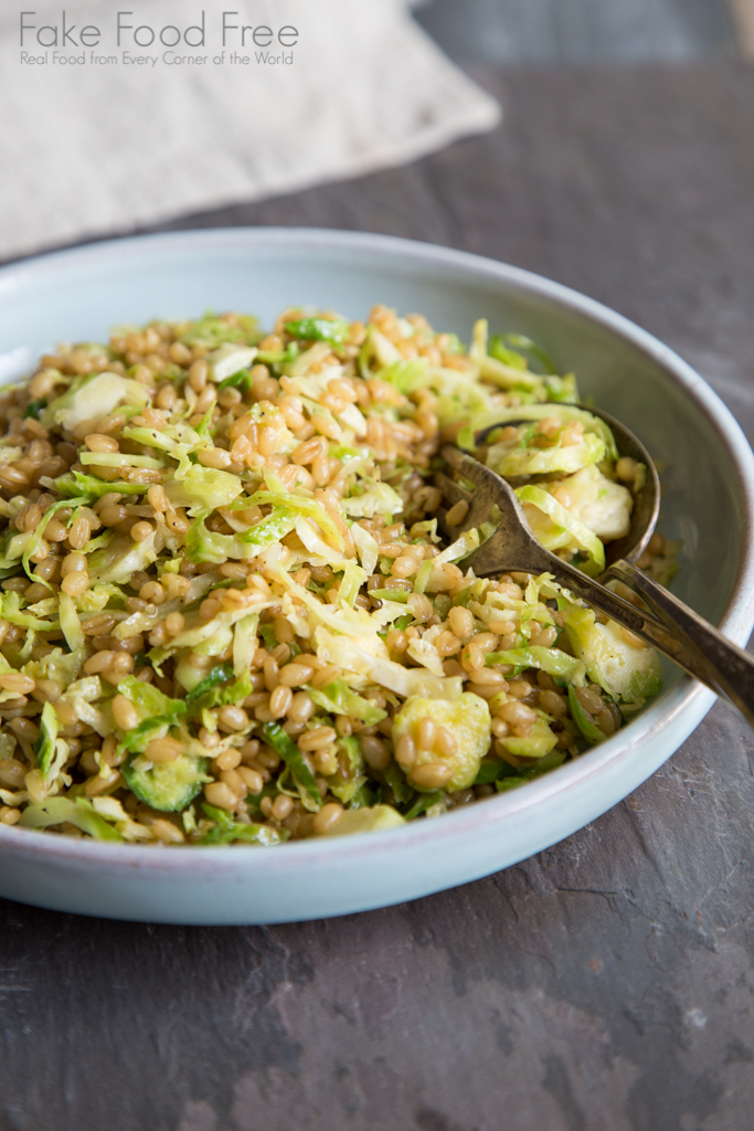 Shredded Brussels Sprouts and Wheat Berry Salad with Tahini Dressing | Fake Food Free